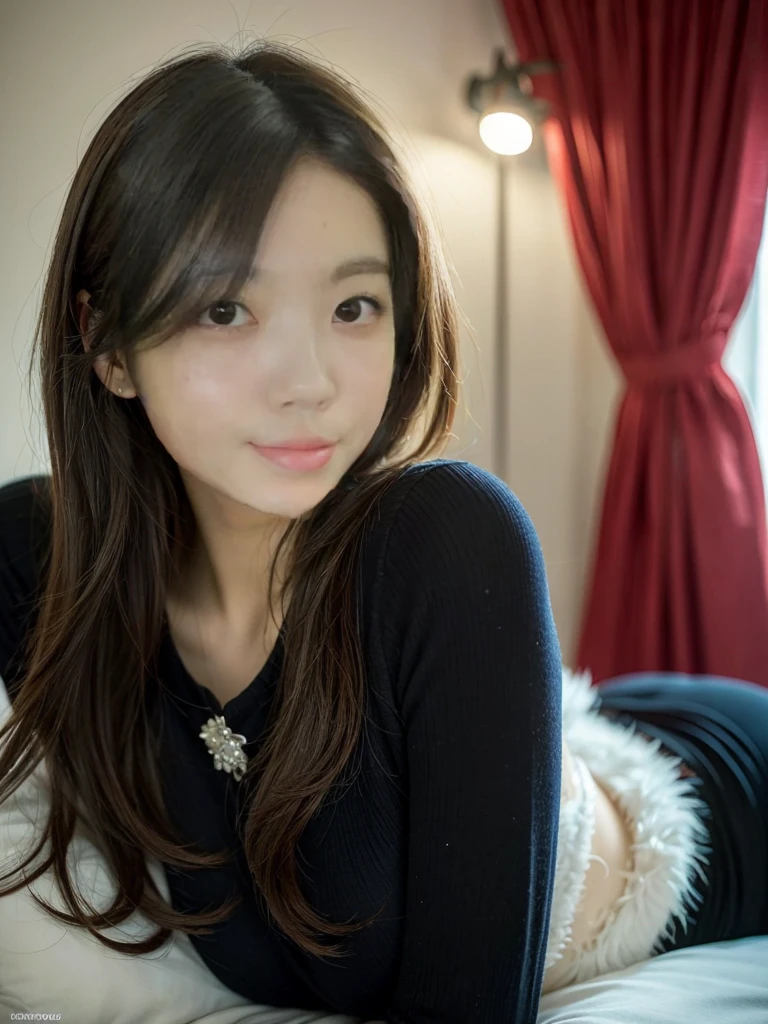 8K RAW photo、High resolution、18 year old Japanese、beautiful eyes、depicted in detail、long eyelashes、beautiful double eyelids、eyeliner、narrow eyes、elongated eye shape、Sansakumaru'Legally thin and beautiful thighs、Random long hair、laughter、Sheer white long-sleeved blouse、black tight skirt、cowboy shot、sleep in bed、black stockings