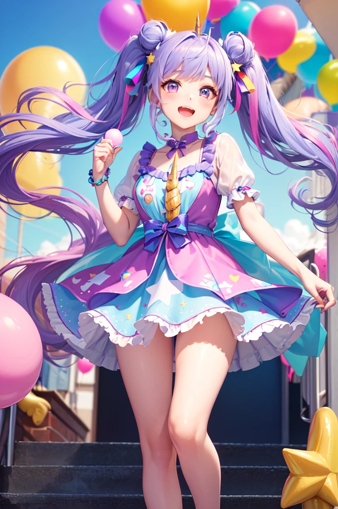 (whole body, legs and shoes visible: 1.2)) Expressive eyes, One girl, Pale skin, Long Hair, Windblown Hair, ((absurdly Long Hair)), Long Side Lock, Princess bangs, Hair bangs, Hair Bun, ((Very long twin tails)), Rainbow Hair, Light pink hair, blush, full face blush, big sparkling Pastel Purple eyes, (Gradient Eye), Laughing with your mouth open, cute pose, ((Holding a balloon : 1.3)) ((cute and pastel fashion)) ((🦄🎠🎈🎉 theme : 1.4)) A loose pastel dress, ((Dreamy multi-colored open dress)), (Floating ribbon), Lavender Frill, Pink frills, (Light blue lace), Removable short sleeves, Fluffy skirt, ((Rainbow and star printed skirt : 1.3)), Lolita Skirt, Purple ribbon, ((pom pom ribbon hair ornament : 1.4)), Multiple Bows, Striped lace stockings, (heart型のレッグガーター), cute (Pastel Purple) shoes ((Ultra-detailed clothing and fashion)) I&#39;m watching you, Vintage Girl, blush, (Beautiful attention to detail), (Highly detailed CG Unity 8k wallpaper) (Best Shadow), ((Very delicate and beautiful)), (Detailed light), ((Depth of written boundary)) Big Head, Big, bright eyes, Moe, Splash Art, Cinema Lighting, Front view, volumetric lighting maximalist photo illustration k resolution high resolution intricate detailed complex key visuals precise linear ((Dreamy pastel sky background, Surrounded by sunset clouds, shooting star, Castle above the clouds)) ((Ultra-detailed landscapes, Foggy clouds, Hung by balloons, heart : 1.3))