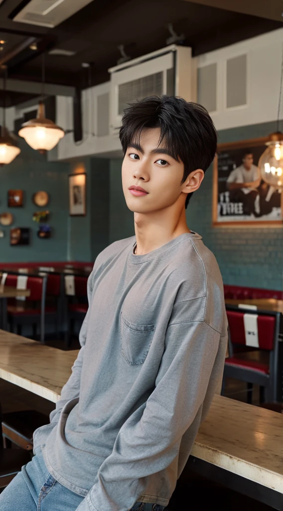 ((realistic daylight)) , Young Korean man in a gray t-shirt Denim shirt, jeans, A handsome, muscular young Asian man looks at the camera. , in the restaurant ,turn sideways