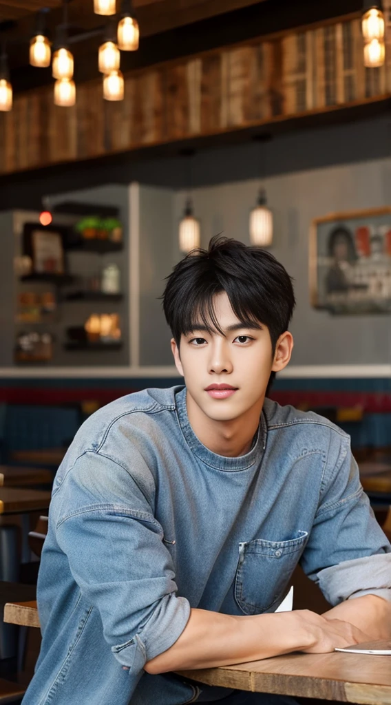 ((realistic daylight)) , Young Korean man in a gray t-shirt Denim shirt, jeans, A handsome, muscular young Asian man looks at the camera. , in the restaurant ,turn sideways