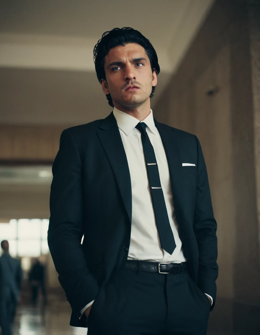 Cinematic, dark, hotel lobby, upper body photo, An extreme low angle shot photo taken from below of a man in black suit, white shirt, with loosely black tie, unbuttoned collars, smoking a cigarette, sweaty, caucasian, black hair, The man is looking down at something behind the viewer.
