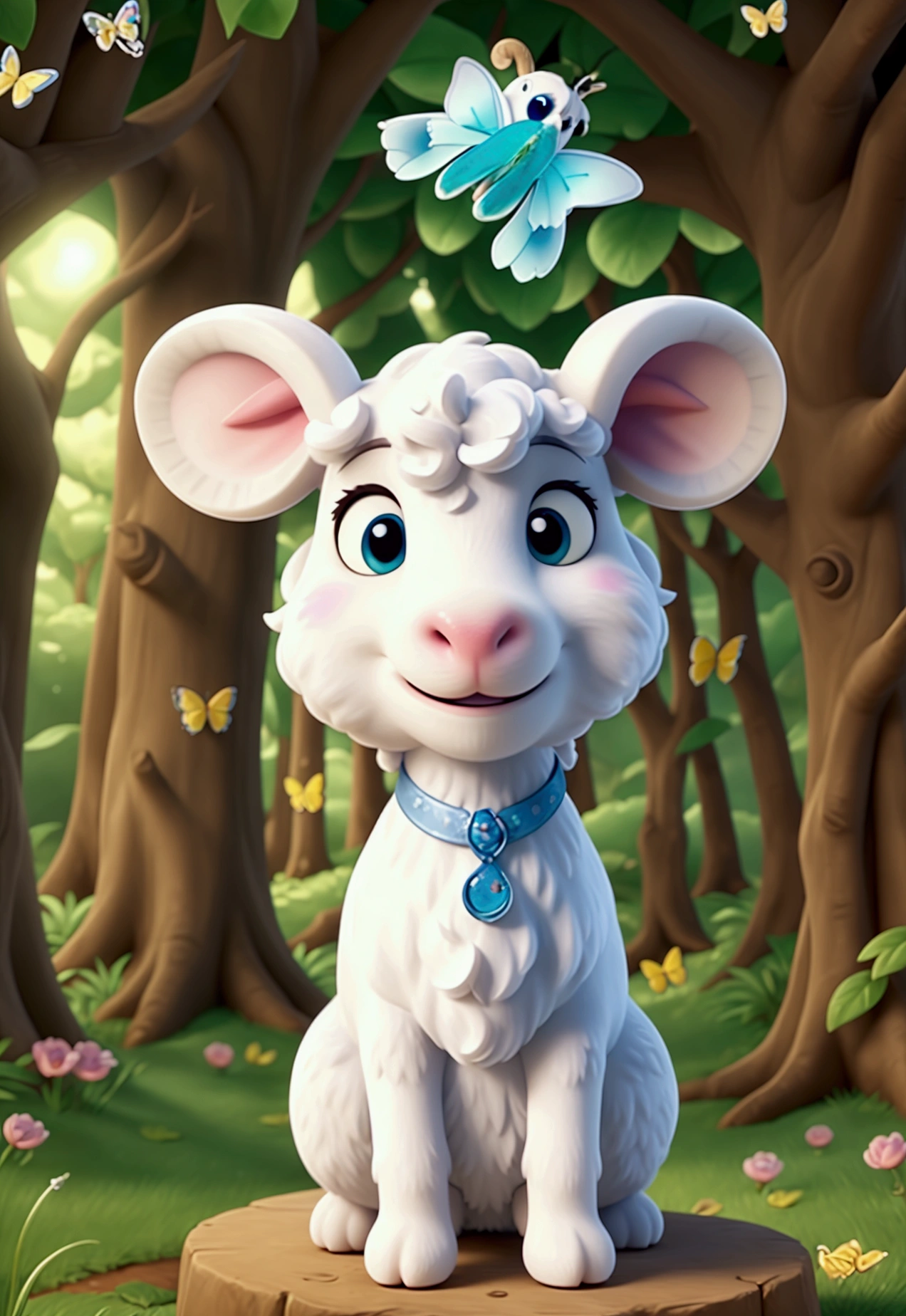 Cartoon character of a white sheep sitting, in an enchanted forest full of butterflies