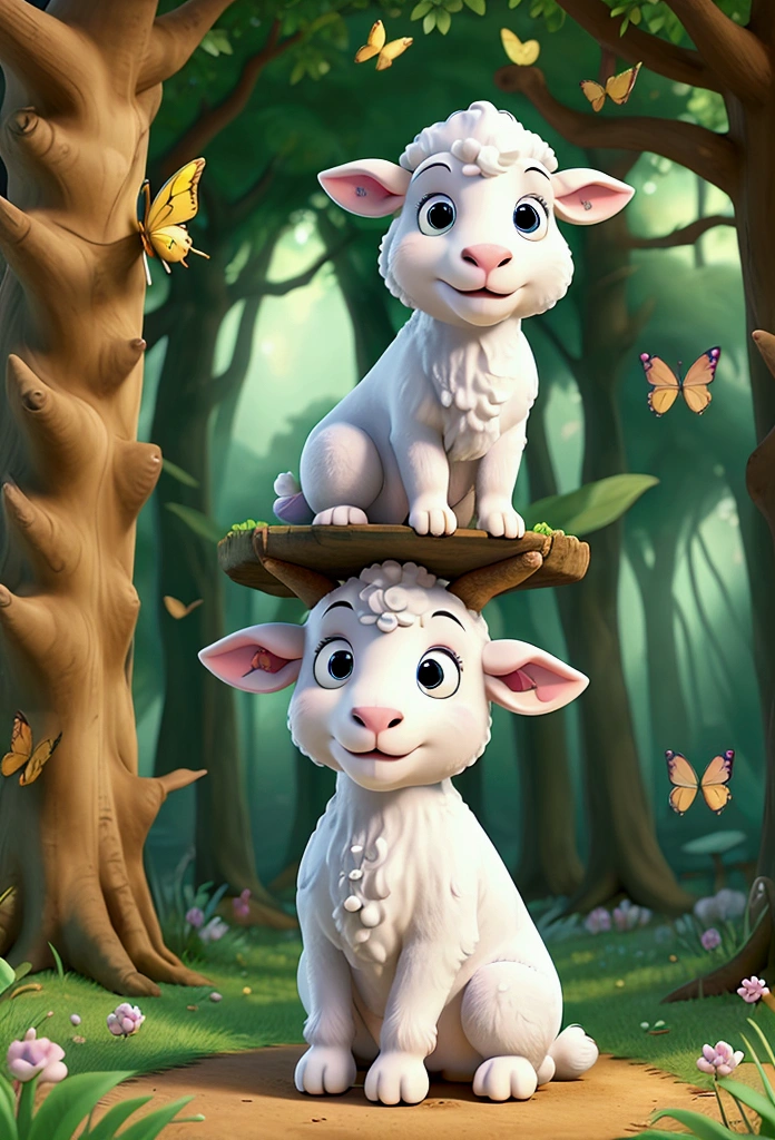 Cartoon character of a white sheep sitting, in an enchanted forest full of butterflies