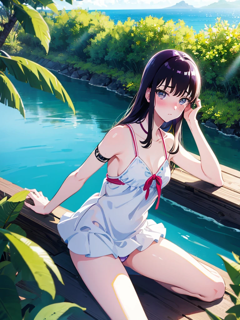 ランダムなポーズ、Random patterned swimsuit、Swimsuit,,Blushing、Pale brown eyes、Dark purple hair、Semi-long hair、Head to toe full body、Blushing、Embarrassed look、Composition from the front、A view from slightly below、school swimwear、Acme Face、Random pose、, 、nsfw、Highest quality、1 girl、solo、Ocean、Sandy Beach、Sexy pose、Random pose、Blushing、wet、Embarrassed、I can see half of my 、、One piece swimsuit、(Strap slip:1.3)、Swimsuit
