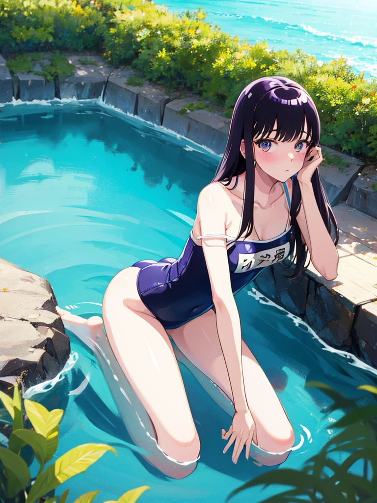 ランダムなポーズ、Random patterned swimsuit、Swimsuit,,Blushing、Pale brown eyes、Dark purple hair、Semi-long hair、Head to toe full body、Blushing、Embarrassed look、Composition from the front、A view from slightly below、school swimwear、Acme Face、Random pose、, 、nsfw、Highest quality、1 girl、solo、Ocean、Sandy Beach、Sexy pose、Random pose、Blushing、wet、Embarrassed、I can see half of my 、、One piece swimsuit、(Strap slip:1.3)、Swimsuit
