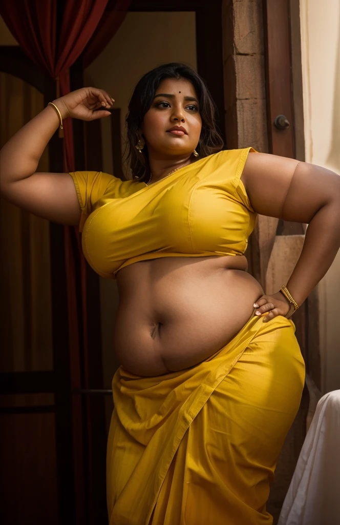 indian.plus size bhabhi wearing yellow skirt and yellow blouse, she has big belly wide hips, big buttocks , fat legs