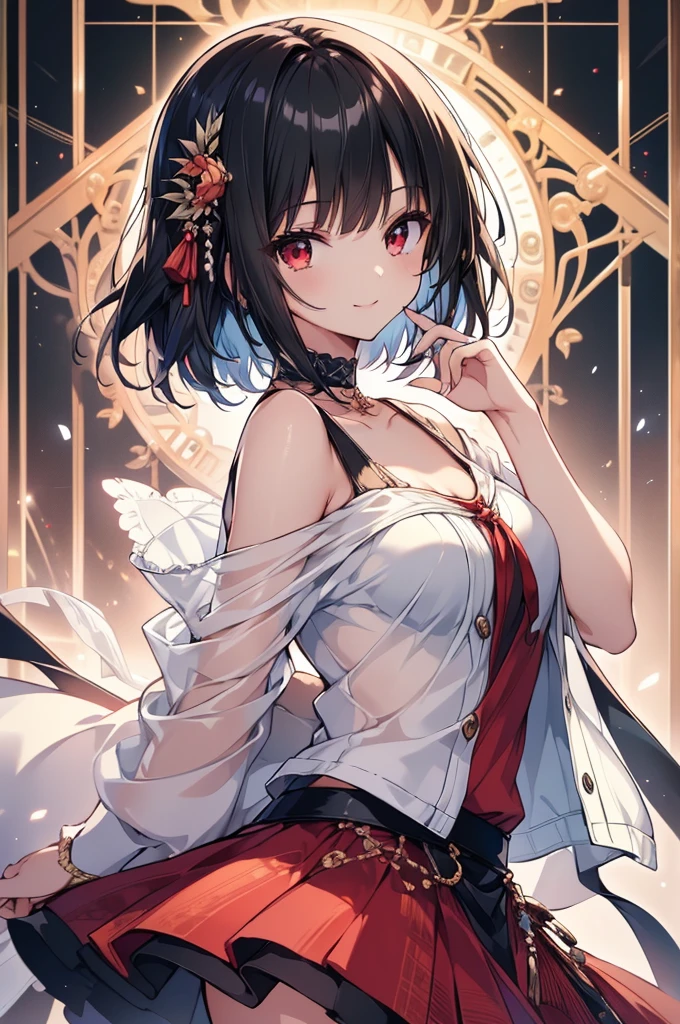 (masterpiece, highest quality, highest quality, (No text), Beautiful and aesthetic:1.2),No text,アニメ、BREAK,One Girl,Black Hair Girl short hair older sister choker Beautiful eyes Red eyes cool smile Red and Black one piece mini skirt whole body In town