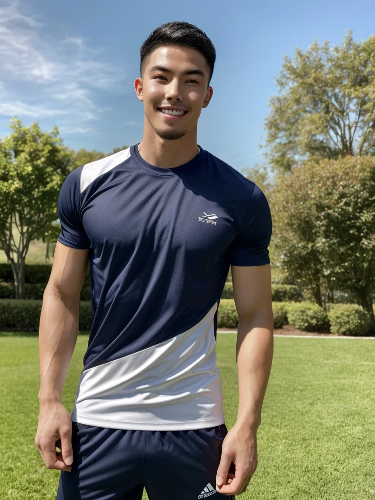 Tony Labrusca, (As a matter of fact, Masterpiece, 8k HD, good light quality, sportswear, fit the face, complicated details), A handsome, muscular young Korean man. , 20 years old, be happy, smile brightly, detailed face, delicate eyes, มองดูsky, Wear a navy tight T-shirt., period, black eyes, Black hair color, ผมsmooth, smooth, outdoor sports, Along the garden, Sunny,sky,Surreal,Superb details,Highest quality,real,