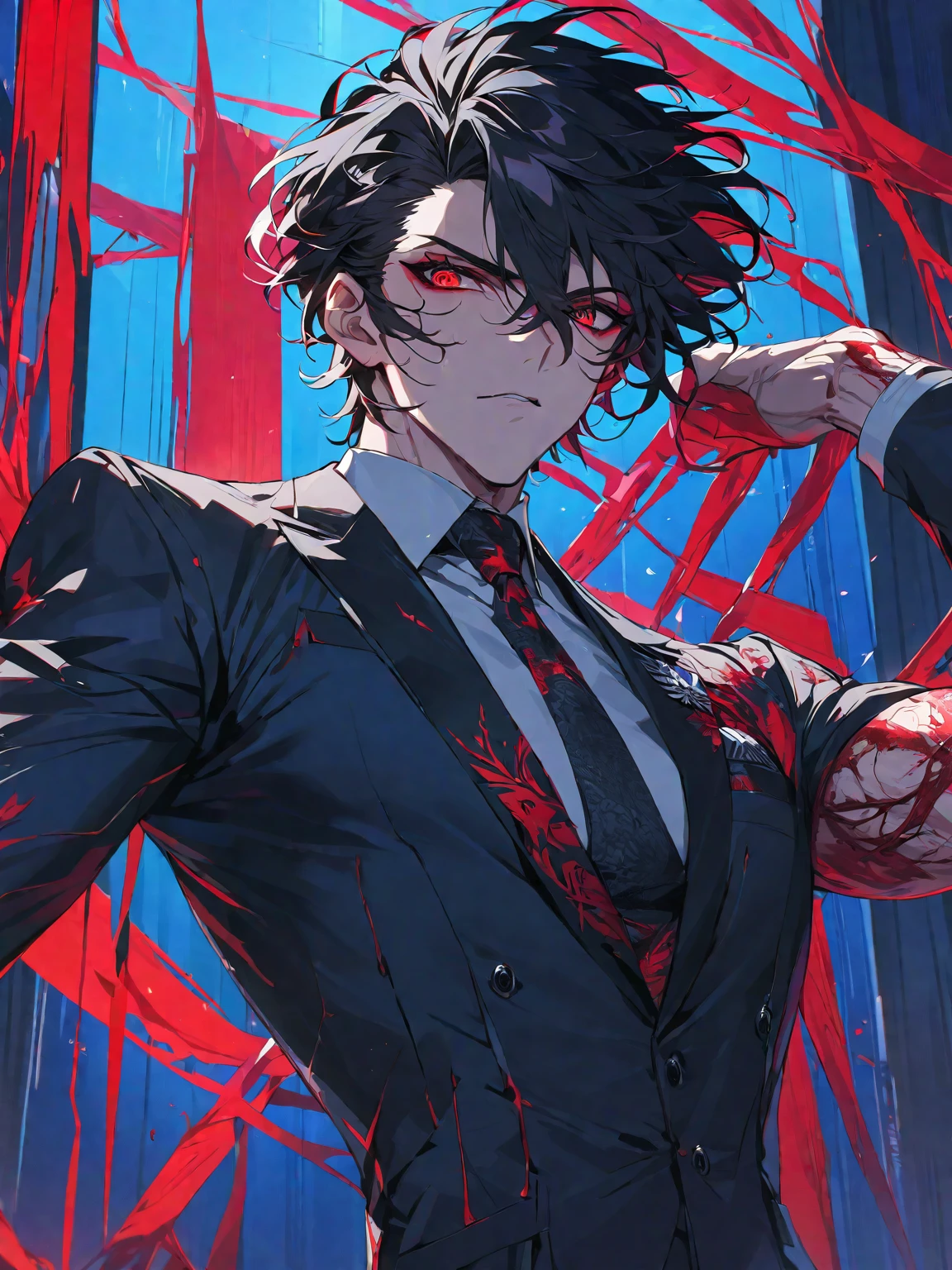 One, beautiful, 1 man, with a sporty body, V-shaped body, elegant black Britannia suit, red veins on the arm, bloody details, model hair, short hair, black hair, blood red eyes, neon eyes, red threads, black light