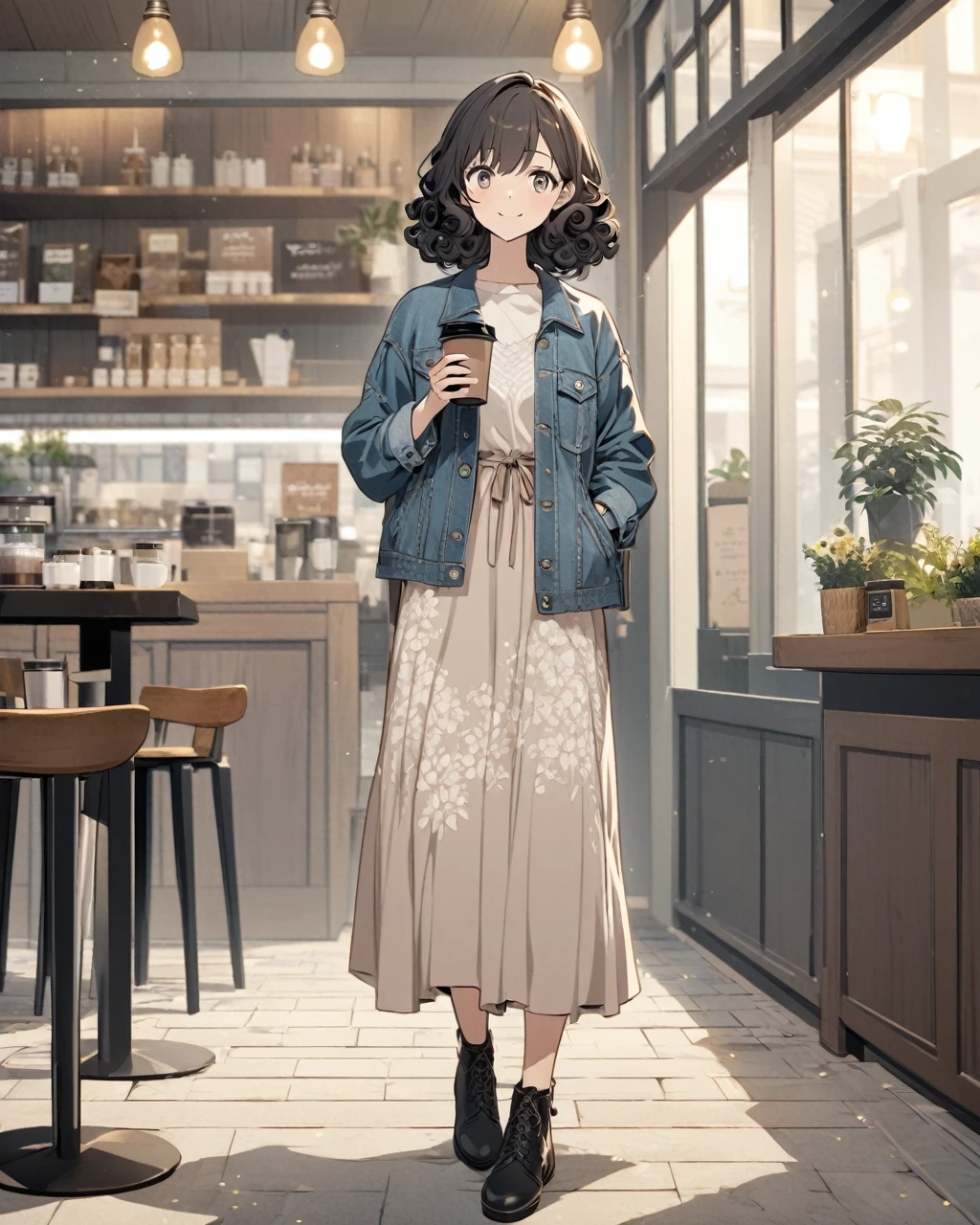 Create a detailed anime illustration of a girl with curly, shoulder-length hair and a chic, casual outfit, including a denim jacket, a floral dress, and ankle boots. She is standing in front of a coffee shop, holding a cup of coffee and a book, with a content smile. Use a warm, muted color palette for the background to accentuate the cozy and inviting atmosphere.