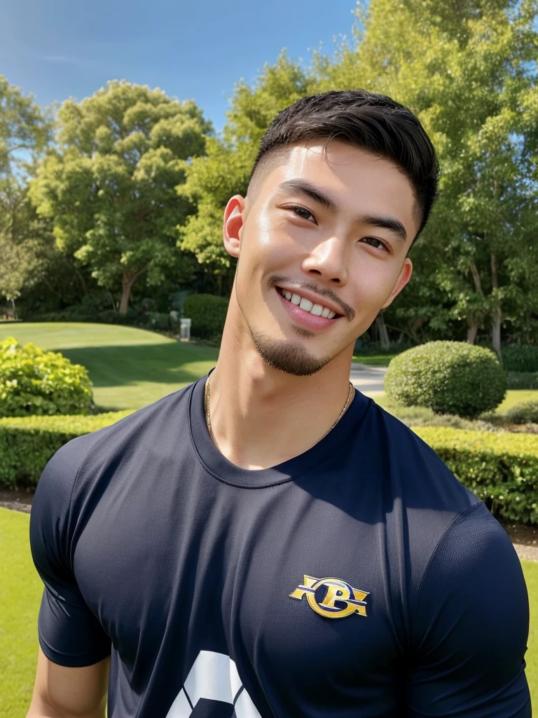 Tony Labrusca, (As a matter of fact, Masterpiece, 8k HD, good light quality, sportswear, fit the face, complicated details), A handsome, muscular young Korean man. , 20 years old, be happy, smile brightly, detailed face, delicate eyes, มองดูsky, Wear a navy tight T-shirt., period, black eyes, Black hair color, ผมsmooth, smooth, outdoor sports, Along the garden, Sunny,sky,Surreal,Superb details,Highest quality,real,