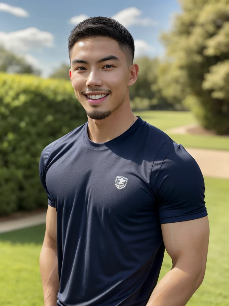 Tony Labrusca, (As a matter of fact, Masterpiece, 8k HD, good light quality, sportswear, fit the face, complicated details), A handsome, muscular young Korean man. , 20 years old, be happy, smile brightly, detailed face, delicate eyes, มองดูsky, Wear a navy tight T-shirt., period, black eyes, Black hair color, ผมsmooth, smooth, outdoor sports, Along the garden, Sunny,sky,Surreal,Superb details,Highest quality,real,