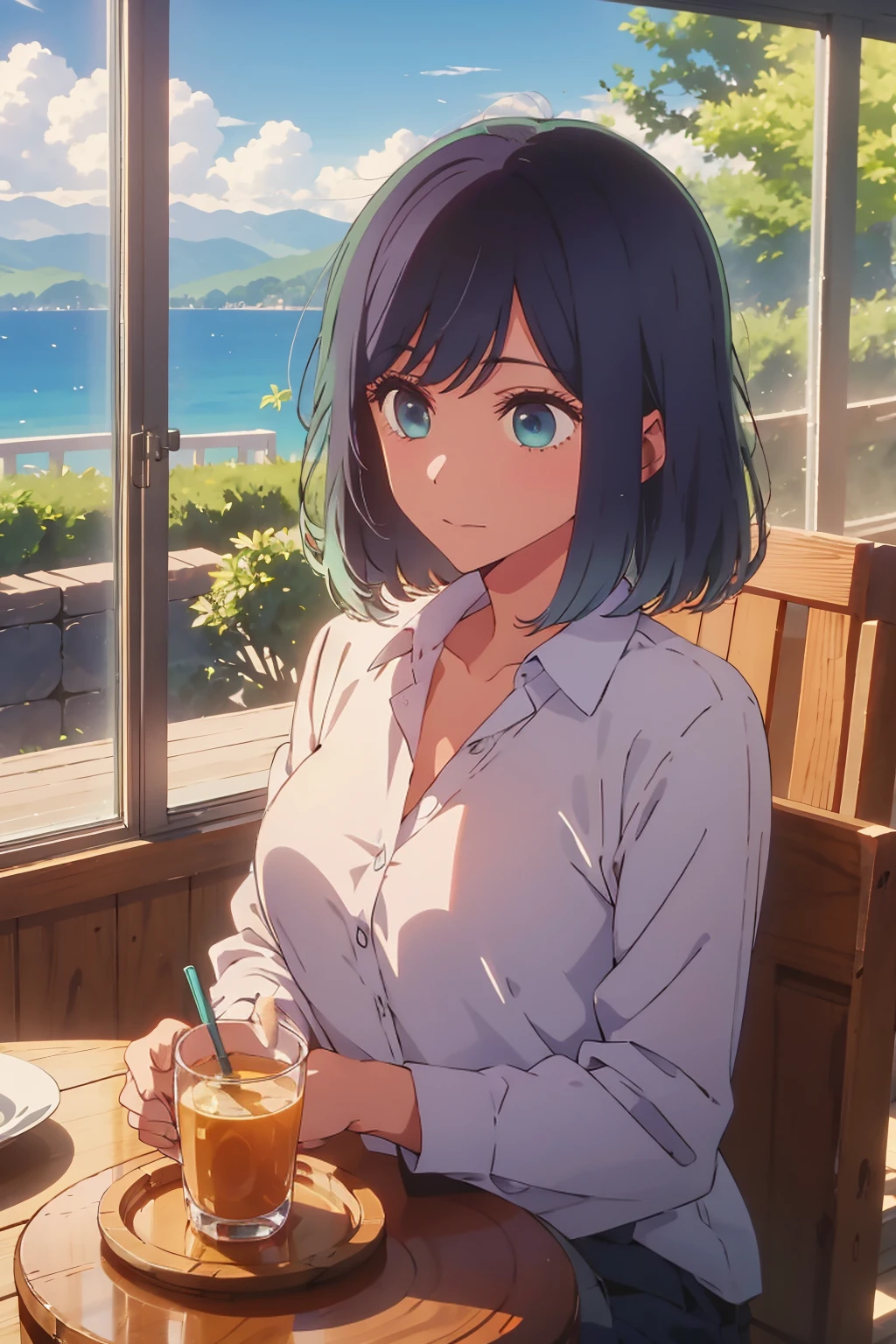 (Highest quality:1.4、masterpiece:1.4、Super detailed:1.4、8k:1.4)、((((1 person、Surprised expression、sit、Cafe Terrace、coastal、juice、table、Sandy Beach、juiceのグラスを持つ、The shirt is unbuttoned、Big eyes、Very cute face))))、F cup bust、Medium breast、Underboob