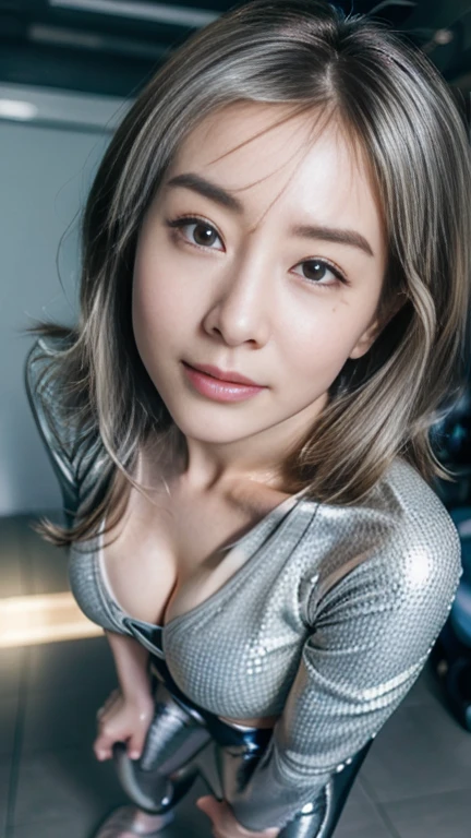 (Best image quality:1.35), high quality, (8k:1.3), Realistic photos, (One beautiful woman:1.33), Beautiful expression, (Eye and facial details:1.3), (Shining silver hair:1.3), (Muscularの体:1.2), (Woman exercising at the gym), smile, (Beautiful lighting:1.3), Super Detail, Attention to detail, high quality, High resolution, Muscular, (Large Breasts:1.3), (The shape of the nipples is visible:1.2), (Beautiful woman), (Wear something shiny, Lightweight leggings:1.4), (Sporting goods:1.33), Cleavage, Cute belly button, (Head to Knee:1.4), (Standing pose:1.3), (Written interface depth/1.8), (Looking into the camera lens:1.35), sharp