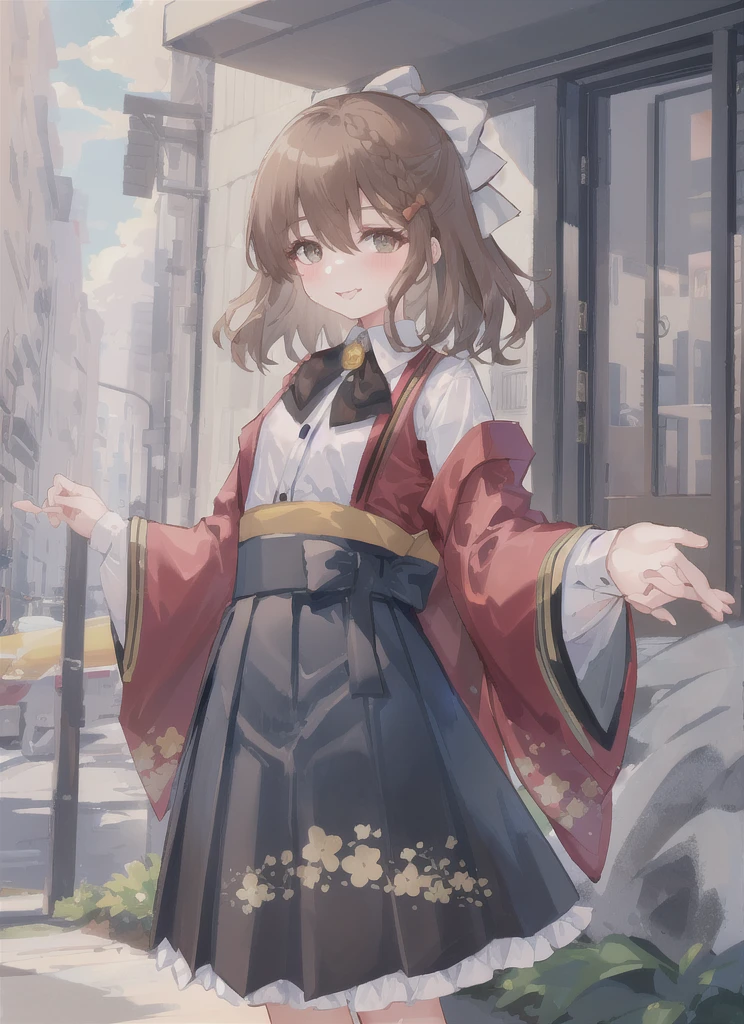 朝Day \(Kantai Collection\), One girl, alone, skirt, bow, shirt, View your viewers, white shirt, black skirt, Long sleeve, Outdoor, smile, kimono, bangs, Wide sleeves, blush, red Jacket, Floral print, Hair between the eyes, Day, cloud, null, collared shirt, Blurred background, kimono, chest, white bow, Blurred, Mouth closed, Medium Hair, pleated skirt, Are standing, In the same way, Jacket, Open clothes, 自分のchestに手を当てる, blue null, black In the same way, red bow, dress shirt, Cowboy Shot, original, Intricate details, figure, masterpiece, Highly detailed CG Unity 8k wallpaper, highlight, whet, dynamic, 