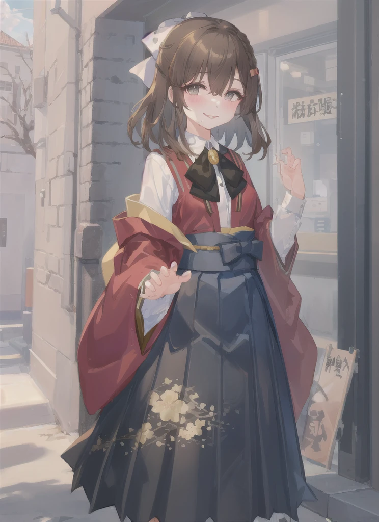 朝Day \(Kantai Collection\), One girl, alone, skirt, bow, shirt, View your viewers, white shirt, black skirt, Long sleeve, Outdoor, smile, kimono, bangs, Wide sleeves, blush, red Jacket, Floral print, Hair between the eyes, Day, cloud, null, collared shirt, Blurred background, kimono, chest, white bow, Blurred, Mouth closed, Medium Hair, pleated skirt, Are standing, In the same way, Jacket, Open clothes, 自分のchestに手を当てる, blue null, black In the same way, red bow, dress shirt, Cowboy Shot, original, Intricate details, figure, masterpiece, Highly detailed CG Unity 8k wallpaper, highlight, whet, dynamic, 