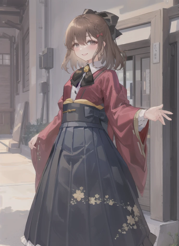 朝Day \(Kantai Collection\), One girl, alone, skirt, bow, shirt, View your viewers, white shirt, black skirt, Long sleeve, Outdoor, smile, kimono, bangs, Wide sleeves, blush, red Jacket, Floral print, Hair between the eyes, Day, cloud, null, collared shirt, Blurred background, kimono, chest, white bow, Blurred, Mouth closed, Medium Hair, pleated skirt, Are standing, In the same way, Jacket, Open clothes, 自分のchestに手を当てる, blue null, black In the same way, red bow, dress shirt, Cowboy Shot, original, Intricate details, figure, masterpiece, Highly detailed CG Unity 8k wallpaper, highlight, whet, dynamic, 