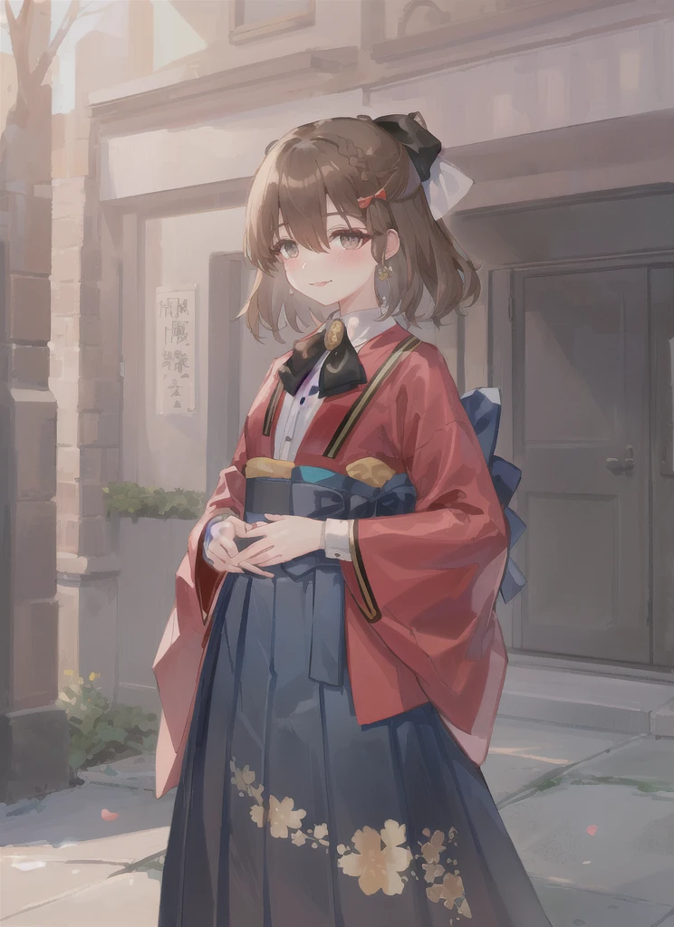 朝Day \(Kantai Collection\), One girl, alone, skirt, bow, shirt, View your viewers, white shirt, black skirt, Long sleeve, Outdoor, smile, kimono, bangs, Wide sleeves, blush, red Jacket, Floral print, Hair between the eyes, Day, cloud, null, collared shirt, Blurred background, kimono, chest, white bow, Blurred, Mouth closed, Medium Hair, pleated skirt, Are standing, In the same way, Jacket, Open clothes, 自分のchestに手を当てる, blue null, black In the same way, red bow, dress shirt, Cowboy Shot, original, Intricate details, figure, masterpiece, Highly detailed CG Unity 8k wallpaper, highlight, whet, dynamic, 