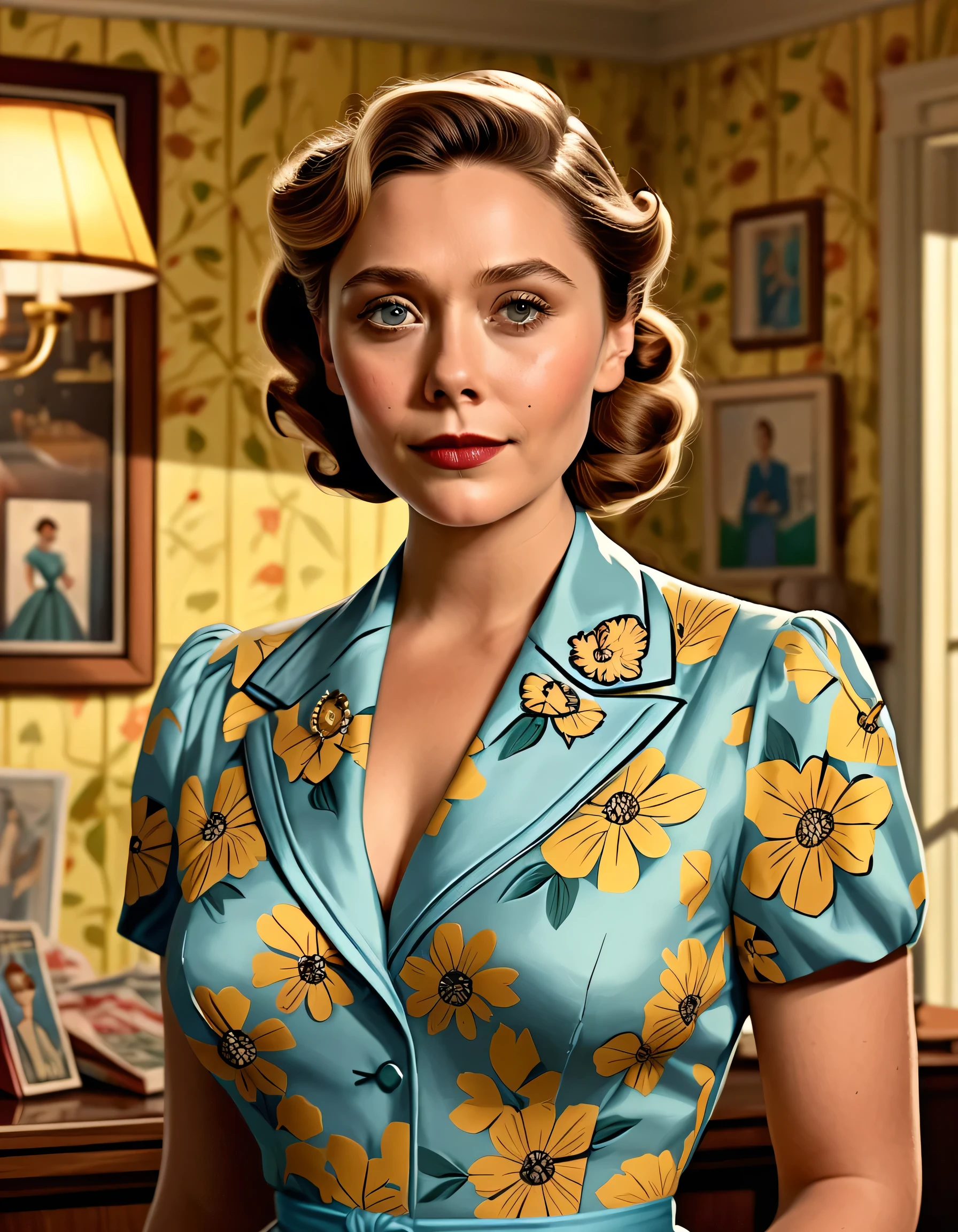 comic cinematic portrait  of elizabeth Olsen as a woman, (dressed in 1950s style clothes), inside 1950s style house, 1950s hairstyle), realistic artwork by greg rutkowski, 4k, 135mm IMAX  . graphic illustration, comic art, graphic novel art, vibrant, highly detailed