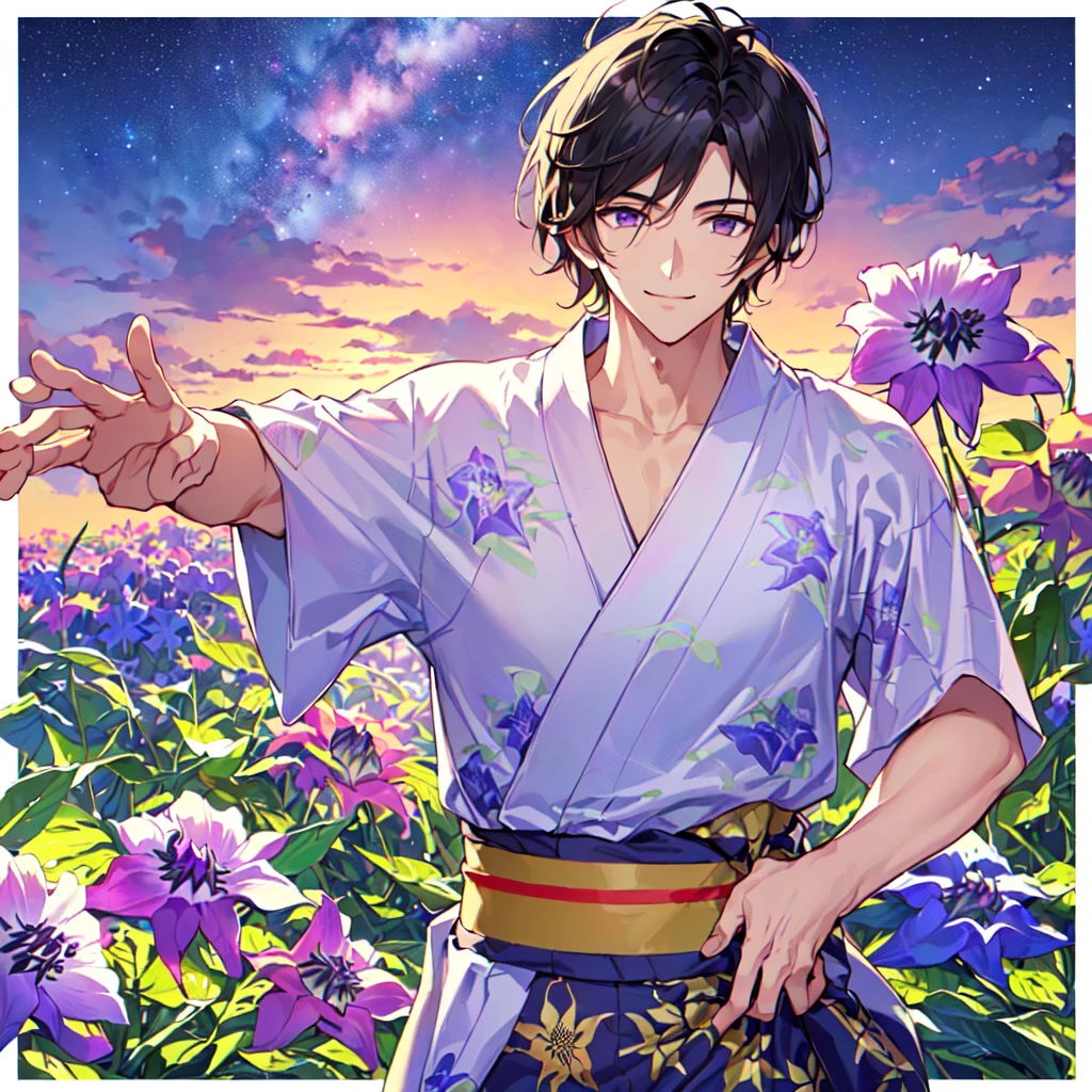 masterpiece,best quality,high quality,(1 male austere handsome solo adult age 30 years old:1.5), purple eyes, cool with suspended eyes, V-shaped eyebrows, body strong and fearless 8.5 head tall, height 185cm, (well-groomed black hair short to neck:1.4), (bangs 7 thirds parted: 1.4), slender nose, facial muscles, throat, (Passiflora caerulea print summer yukata short sleeves and pants: 1.3), (stylish pose), (cool smile: 1.3), (background Passiflora caerulea flower field: 1.3), (Milky Way Night Sky: 1.3), (upper body:1.3)