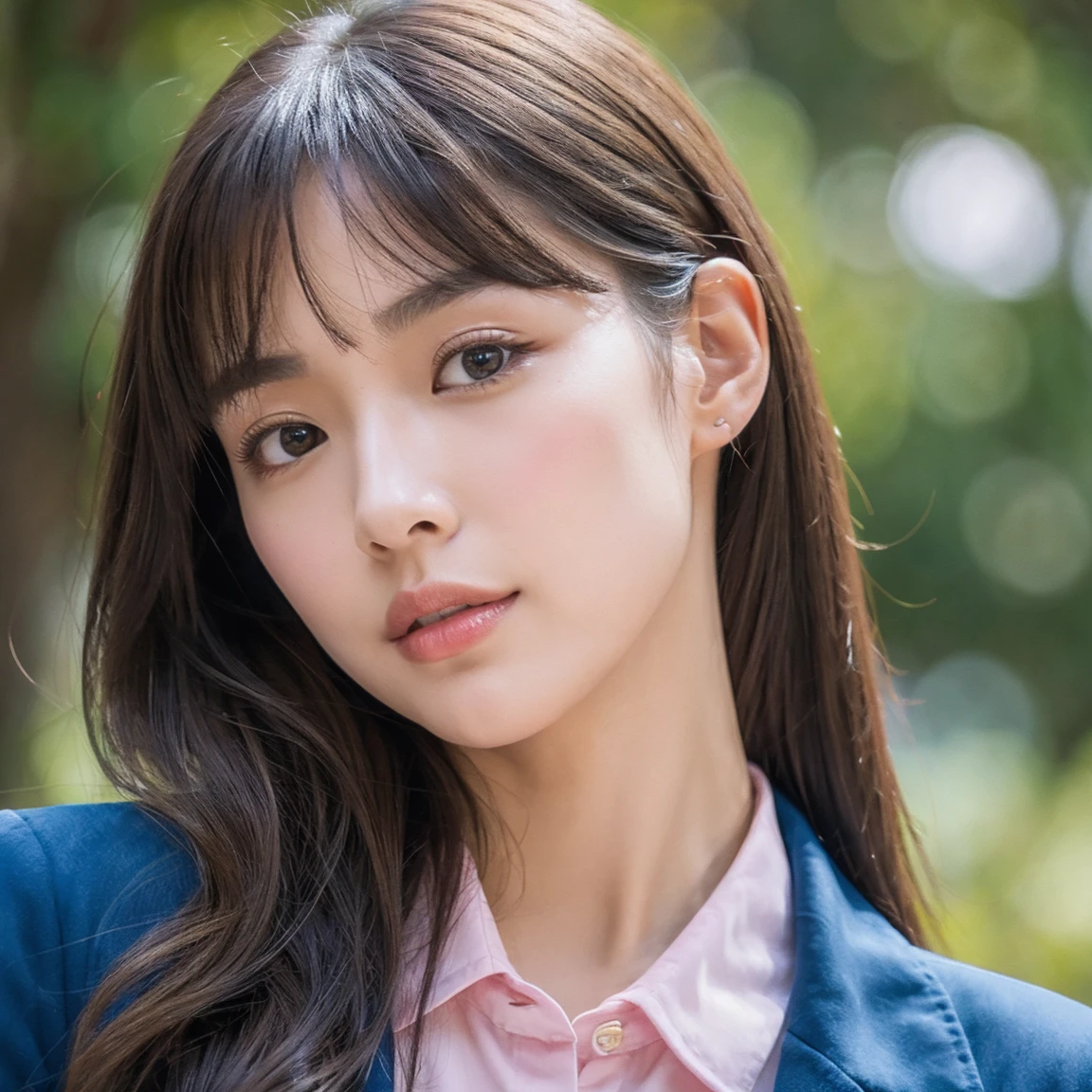 ((Best quality, 8k, Masterpiece :1.3)), Extremely detailed face, Delicate eyes, woman, Korean girl, slender, oval-shaped face with high cheekbones, a soft jawline, and smooth, fair skin typical of Korean beauty standards. Her complexion is clear and radiant, often described as porcelain-like, Her eyes are slightly almond-shaped and expressive, with double eyelids that add depth and definition. They are framed by long, curled lashes that accentuate her gaze. The color is a warm brown, giving her a gentle and approachable look, straight and proportional nose, naturally full and well-defined, with a soft pink hue lips, silky brown hair, slender and graceful figure, blue jacket, big breast, bangs, in cafe