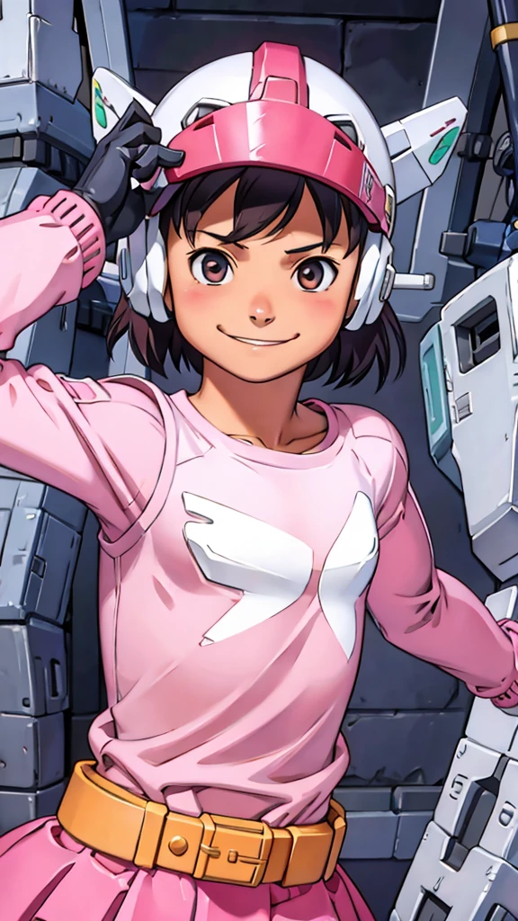 (8k),(masterpiece),(Japanese),(***************),((innocent look)),((Childish)),From the front,smile,cute,Innocent,Kind eyes,Flat chest, Shizuka,Mecha suit,pink helmet,pink superhero mask,camisa,no Hair,cyberpunk Tokyo City,pink tshirt, takamichi style , hairless vagina, nsfw 