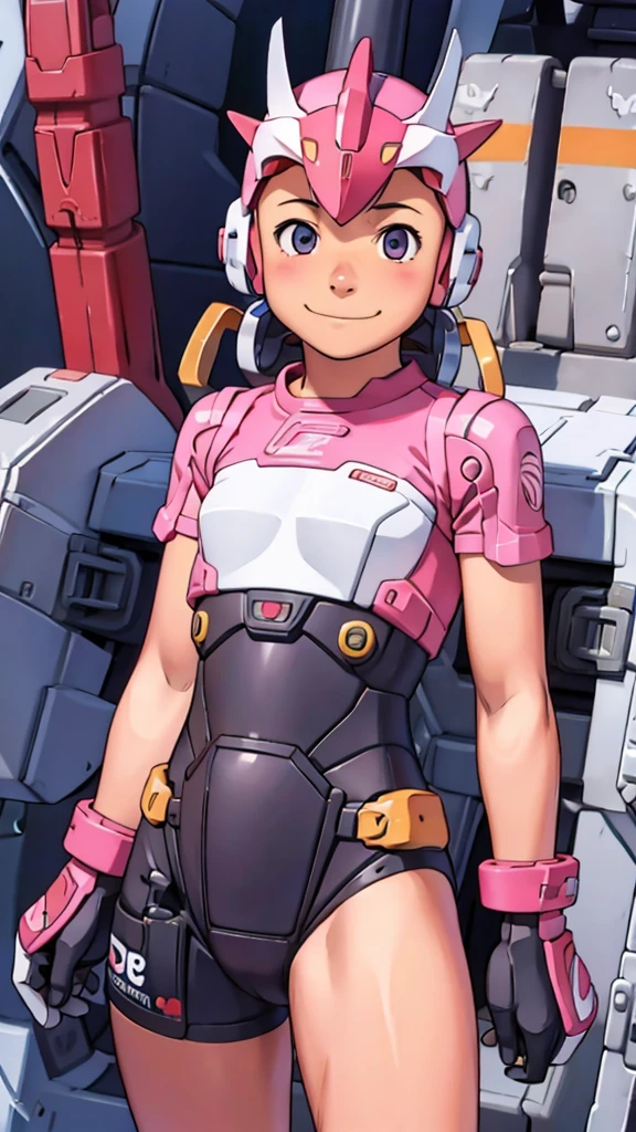 (8k),(masterpiece),(Japanese),(8-****-*** girl),((innocent look)),((Childish)),From the front,smile,cute,Innocent,Kind eyes,Flat chest, Shizuka,Mecha suit,pink helmet,pink superhero mask,camisa,no Hair,cyberpunk Tokyo City,pink tshirt, takamichi style , hairless vagina, nsfw 