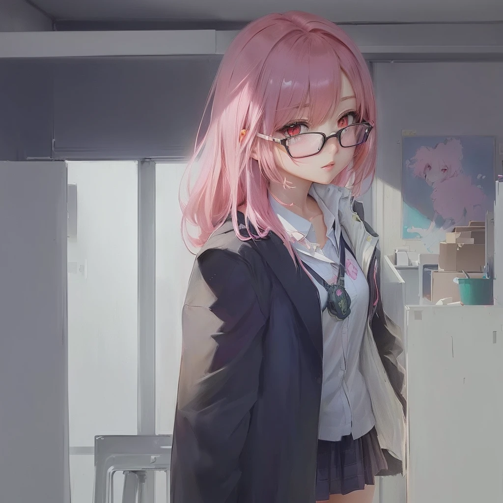 anime girl with pink hair and glasses standing in a room, painted in anime painter studio, made with anime painter studio, soft anime illustration, Gweiz-style artwork, Zerochan Art, digital anime illustration, portrait anime girl, beautiful anime high school girl, digital anime art, anime style 4 k, young anime girl, anime. Soft lighting