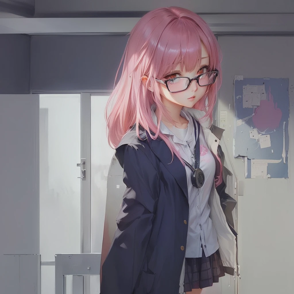 anime girl with pink hair and glasses standing in a room, painted in anime painter studio, made with anime painter studio, soft anime illustration, Gweiz-style artwork, Zerochan Art, digital anime illustration, portrait anime girl, beautiful anime high school girl, digital anime art, anime style 4 k, young anime girl, anime. Soft lighting