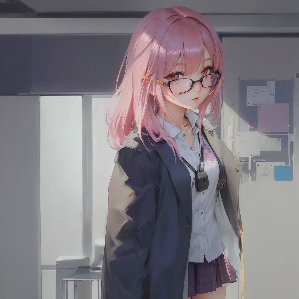 anime girl with pink hair and glasses standing in a room, painted in anime painter studio, made with anime painter studio, soft anime illustration, Gweiz-style artwork, Zerochan Art, digital anime illustration, portrait anime girl, beautiful anime high school girl, digital anime art, anime style 4 k, young anime girl, anime. Soft lighting