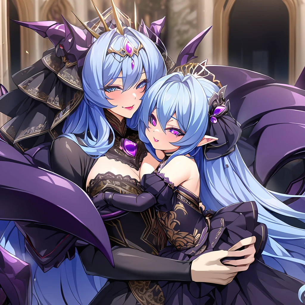 ((Highest quality)), ((masterpiece)), (detailed), （Perfect Face）、A woman is holding a demon baby and hugging and kissing a man who is the great evil demon king.、The woman is the evil queen, Extia, with medium-long blue hair, a gorgeous black wedding dress with gold embroidery and trim, a black wedding veil, an engagement ring, gorgeous accessories, lipstick and makeup, and a dignified, beautiful evil queen.、The woman looks happy、The man is a great and powerful demon king and a majestic demon.