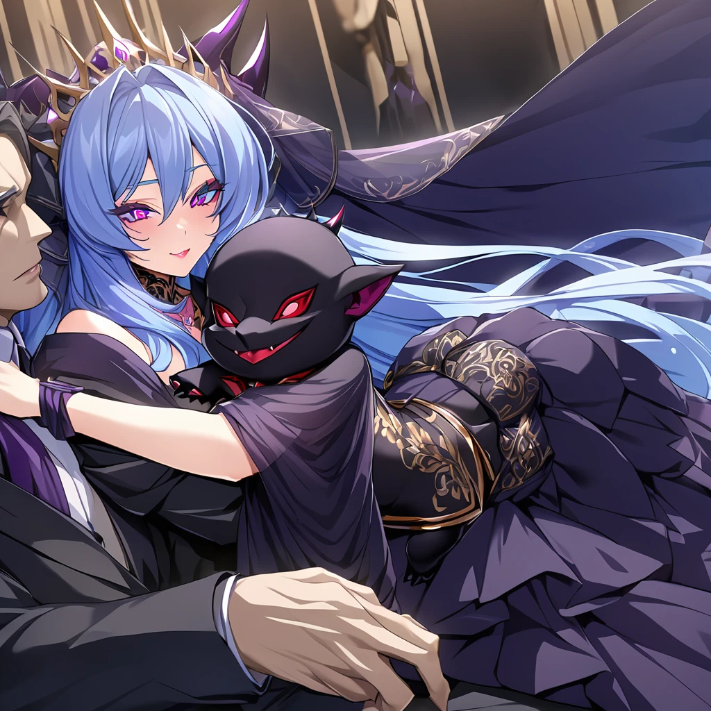 ((Highest quality)), ((masterpiece)), (detailed), （Perfect Face）、A woman is holding a demon baby and hugging and kissing a man who is the great evil demon king.、The woman is the evil queen, Extia, with medium-long blue hair, a gorgeous black wedding dress with gold embroidery and trim, a black wedding veil, an engagement ring, gorgeous accessories, lipstick and makeup, and a dignified, beautiful evil queen.、The woman looks happy、The man is a great and powerful demon king and a majestic demon.