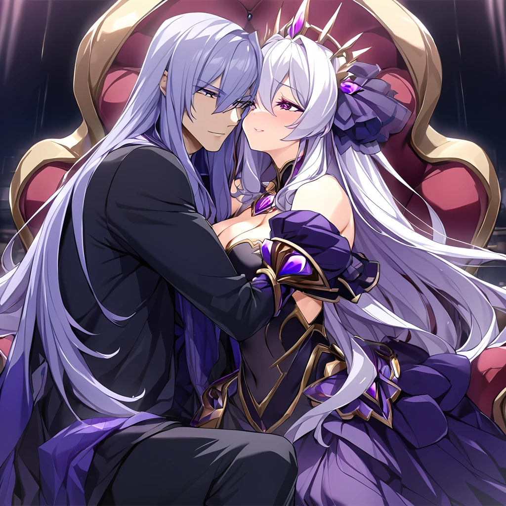((Highest quality)), ((masterpiece)), (detailed), （Perfect Face）、The woman is the evil queen Dark Extia, an evil transforming heroine with medium-long silver hair, wearing a gorgeous evil queen dress with gold embroidery and trim, gorgeous accessories, and an engagement ring. She has a happy expression on her face as she hugs the man, leans close to him, and kisses him.、The man is the evil king, Naioro, a handsome man with medium-long silver hair, wearing a black bodysuit and embracing a woman.、A man and a woman are sitting close together on a luxurious throne, making love.、A man and a woman are a deeply loving couple