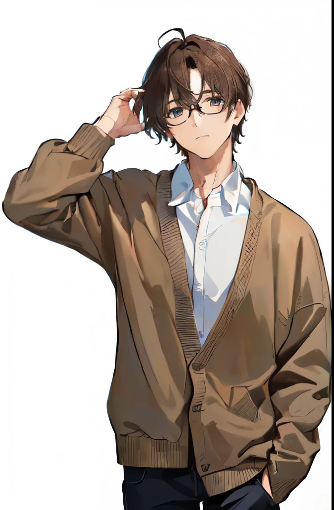 ((Highest quality)), ((masterpiece)), (detailed), ((One mature male))、(mature male)、(40-year-old male)、((A photo showing your thighs to the top of your head))、(Standing straight, facing the camera)、Brown Hair、asymmetrical bangs、Glasses、Iris、((swept bangs))、Spaced out、Brown cardigan、White shirt、Poor physique、tall、Are thin