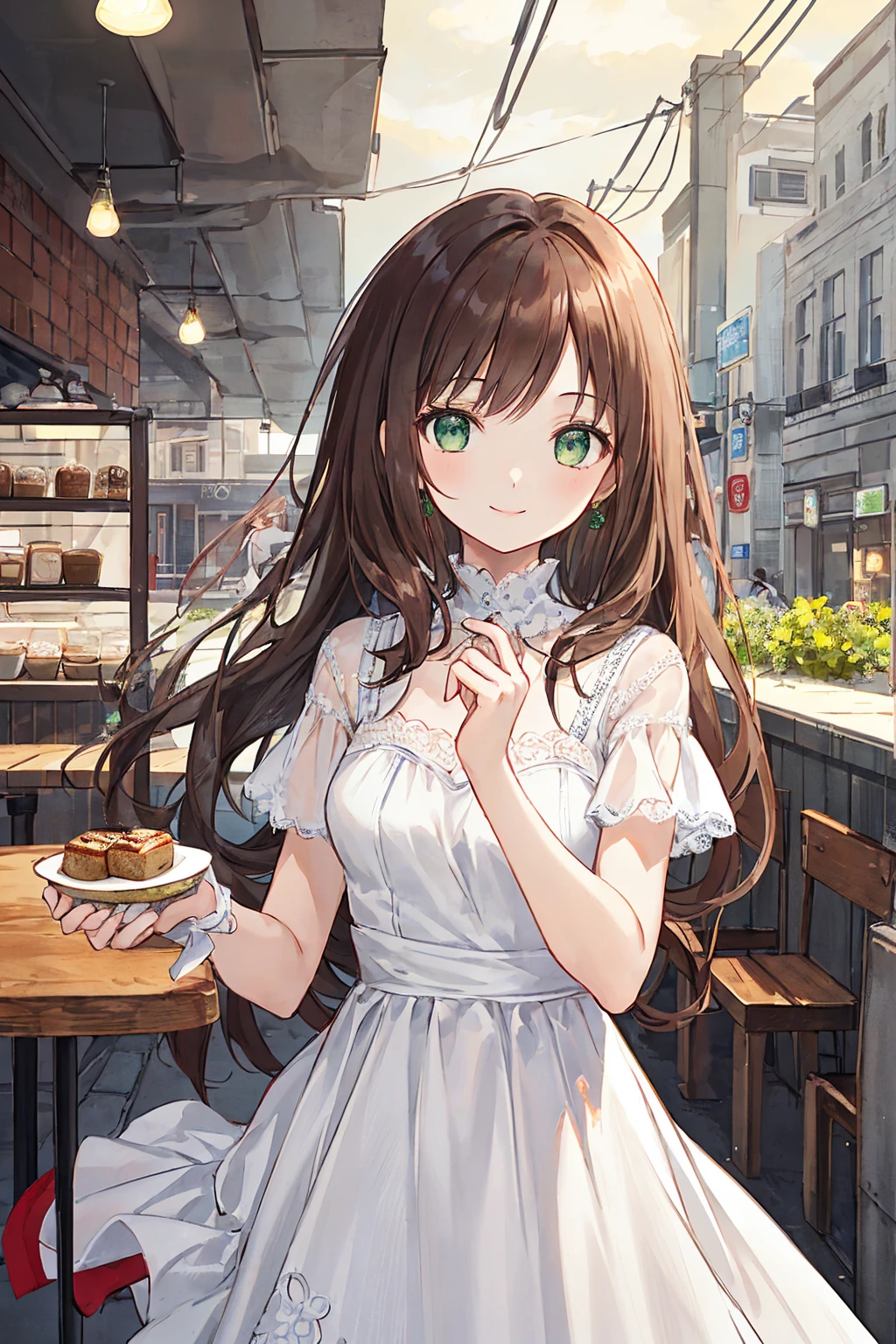 One Girl,Jewel Eyes,Beautiful arrangements and motifs、few、Game character design、Written boundary depth , wonderful, beauty、Transparency、Game character design、(One Girl:1.0)、Brown Hair、Shortcuts、Straight hair、cute、Upper Body、Green Eyes、Inside the cafe、Cafe Background、Sit on a chair,(White Dress:1.5)、front、smile、nice