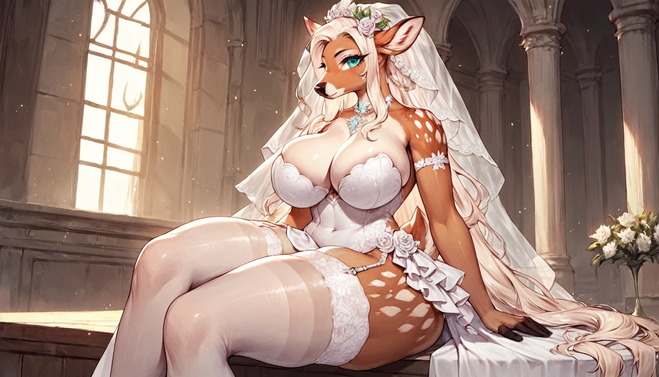score_9, score_8_up, score_7_up, score_6_up, score_5_up, score_4_up, (solo), female anthro deer, bride dress, lusty, fluffy body, long blond hair, turquoise eyes, sitting, (thick thighs:1.5) (she is sitting) garter belt tights, big breasts, from the back, backsite, from back
