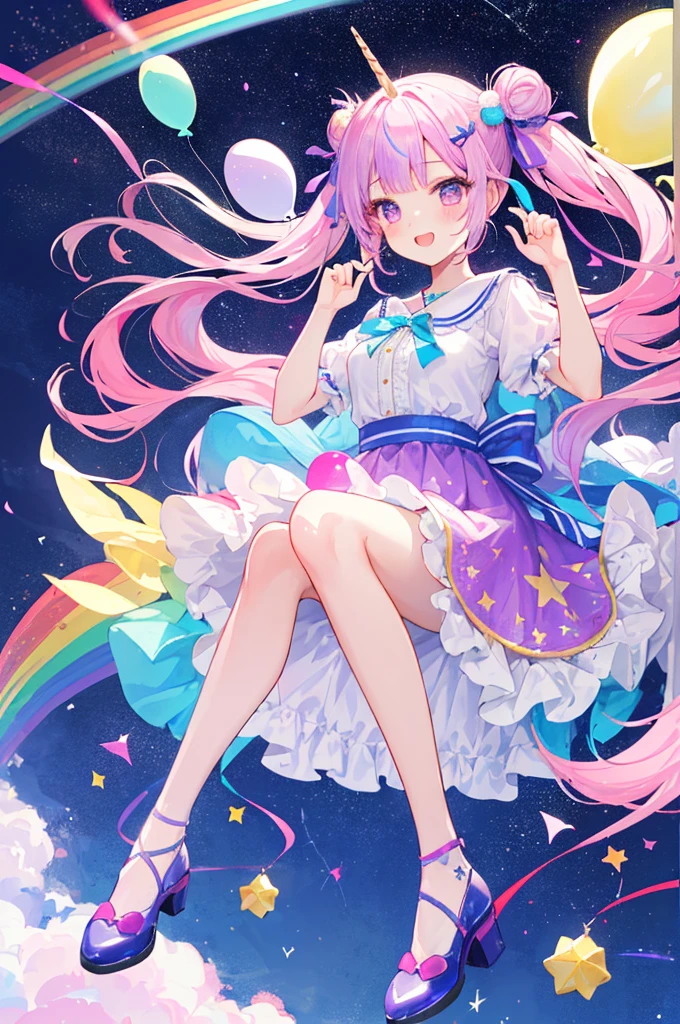 (whole body, legs and shoes visible: 1.2)) Expressive eyes, One girl, Pale skin, Long Hair, Windblown Hair, ((absurdly Long Hair)), Long Side Lock, Princess bangs, Hair bangs, Hair Bun, ((Very long twin tails)), Rainbow Hair, Light pink hair, blush, full face blush, big sparkling Pastel Purple eyes, (Gradient Eye), Laughing with your mouth open, cute pose, ((Holding a balloon : 1.3)) ((cute and pastel fashion)) ((🦄🎠🎈🎉 theme : 1.4)) A loose pastel dress, ((Dreamy multi-colored open dress)), (Floating ribbon), Lavender Frill, Pink frills, (Light blue lace), Removable short sleeves, Fluffy skirt, ((Rainbow and star printed skirt : 1.3)), ta Skirt, Purple ribbon, ((pom pom ribbon hair ornament : 1.4)), Multiple Bows, Striped lace stockings, (heart型のレッグガーター), cute (Pastel Purple) shoes ((Ultra-detailed clothing and fashion)) I&#39;m watching you, Vintage Girl, blush, (Beautiful attention to detail), (Highly detailed CG Unity 8k wallpaper) (Best Shadow), ((Very delicate and beautiful)), (Detailed light), ((Depth of written boundary)) Big Head, Big, bright eyes, Moe, Splash Art, Cinema Lighting, Front view, volumetric lighting maximalist photo illustration k resolution high resolution intricate detailed complex key visuals precise linear ((Dreamy pastel sky background, Surrounded by sunset clouds, shooting star, Castle above the clouds)) ((Ultra-detailed landscapes, Foggy clouds, Hung by balloons, heart : 1.3))