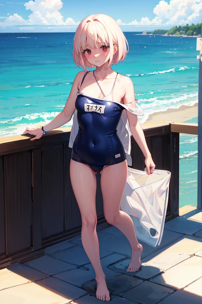 Random Swimsuit,,Blushing、Pale red eyes、Light cream colored hair、short hair、Head to toe full body、Blushing、Embarrassed look、Composition from the front、A view from slightly below、school swimwear、Acme Face、Random pose、, 、nsfw、Highest quality、1 girl、solo、Ocean、Sandy Beach、Sexy pose、Random pose、Blushing、Wet、Embarrassed、I can see half of my 、、One piece swimsuit、(Strap slip:1.3)、