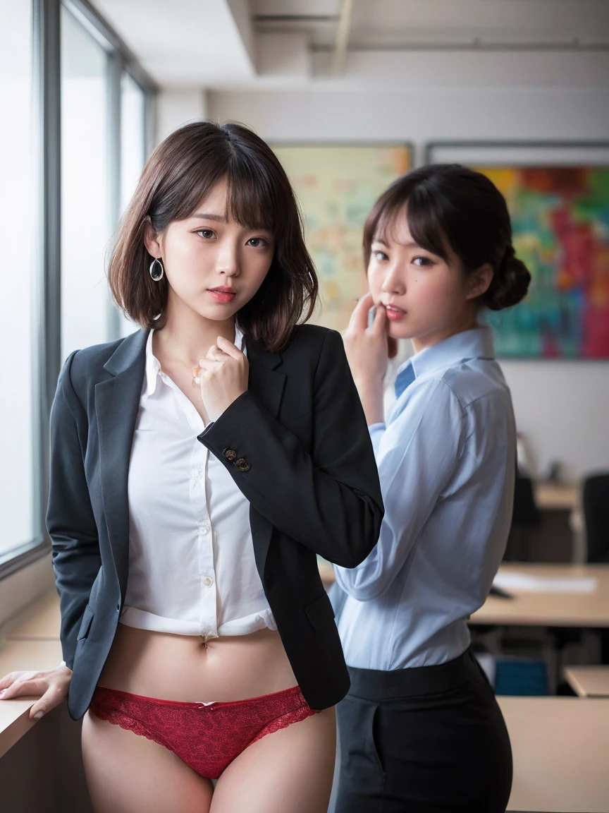 NSFW,8k, RAW Portrait (Japanese women),masterpiece、Photorealistic:1.2、Realistic, Ultra-high resolution, Highest quality, Real Life Photos ,( in the evening :1.1), , (((Two girls showing off their panties In the room)))、(Cute Face:1.3)、Japanese women,((office lady))、((本物のoffice lady))、((business art:1.6))、 Short Hairstyles,、In the room、 、big, beautiful, beautiful目, Black Hair,(Written boundary depth:1.3)、 ((Dark brown eyes:1.2))、(Realistic skin texture:1.3)、(Immersive atmosphere:0.8、Chiaroscuro:1.2) 、((Embarrassed look:1.4))、((Red cheeks:1.3))、((From belowの天井:1.2))、(smile:0.7)、((She&#39;s wearing tiny silk panties))、((Panty shot))、((A woman rolling up her skirt))、((From below:1.48))、((Crotch close-up:1.52))、((Pants with emphasis on the photo))、the most beautiful woman in the world、the most beautiful woman in the world、((Spread your legs:1.4))、、Fair skin、Multiple moles、(((Bra is visible、Large Breasts、Cleavage,Exposing breasts)))