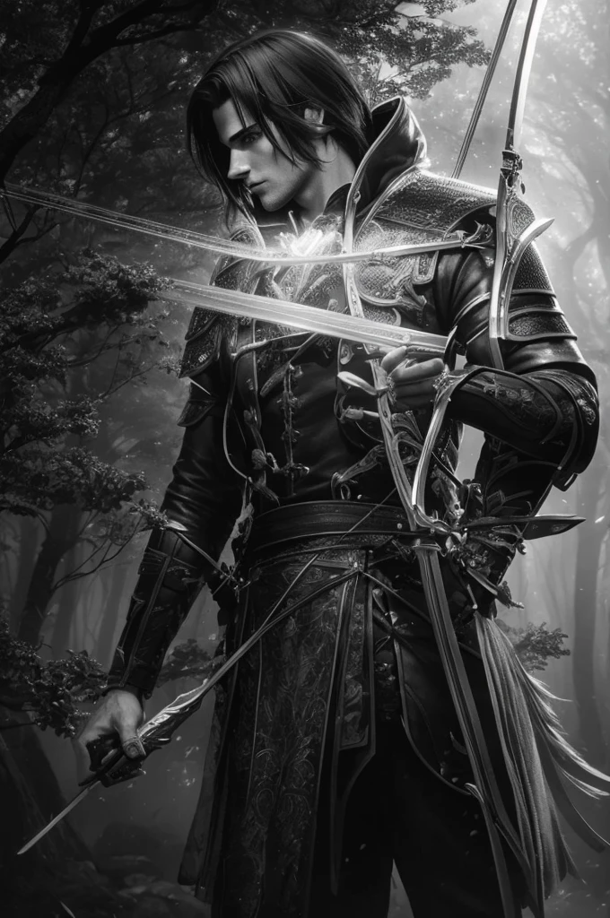 a male archer, 24 years old, with black and white hair, in a dark forest, magic the gathering style, highly detailed, 8k, photorealistic, dramatic lighting, cinematic composition, intricate armor, bow and quiver, atmospheric fog, lush foliage, moody lighting, chiaroscuro, rich textures, vibrant color