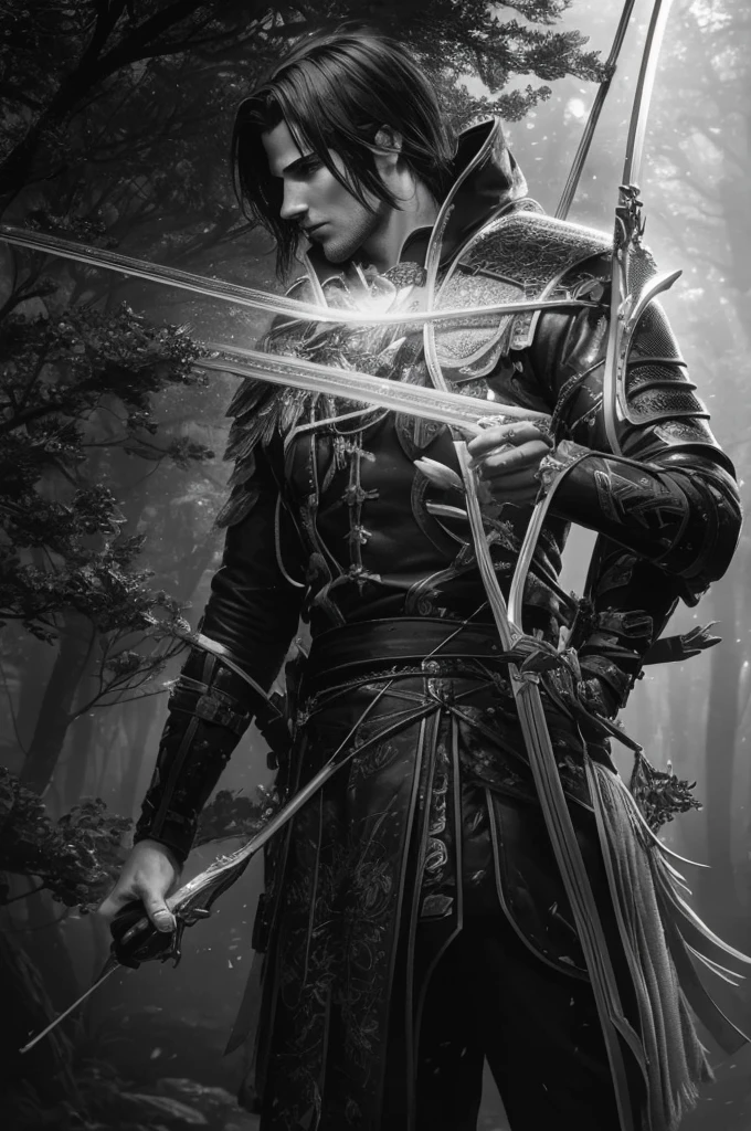 a male archer, 24 years old, with black and white hair, in a dark forest, magic the gathering style, highly detailed, 8k, photorealistic, dramatic lighting, cinematic composition, intricate armor, bow and quiver, atmospheric fog, lush foliage, moody lighting, chiaroscuro, rich textures, vibrant color