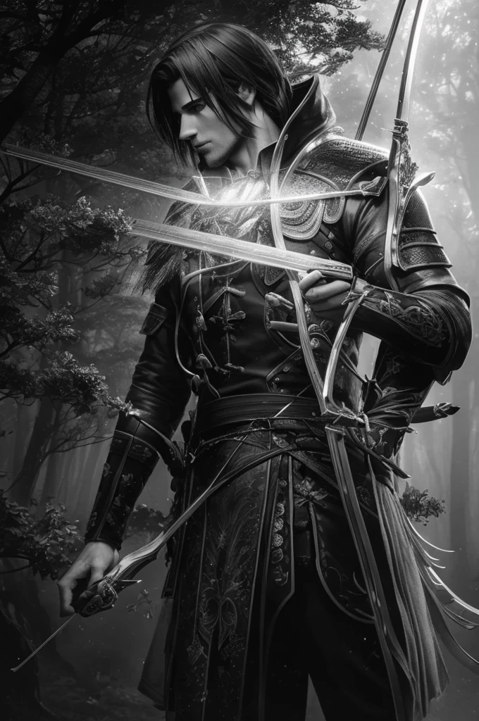 a male archer, 24 years old, with black and white hair, in a dark forest, magic the gathering style, highly detailed, 8k, photorealistic, dramatic lighting, cinematic composition, intricate armor, bow and quiver, atmospheric fog, lush foliage, moody lighting, chiaroscuro, rich textures, vibrant color