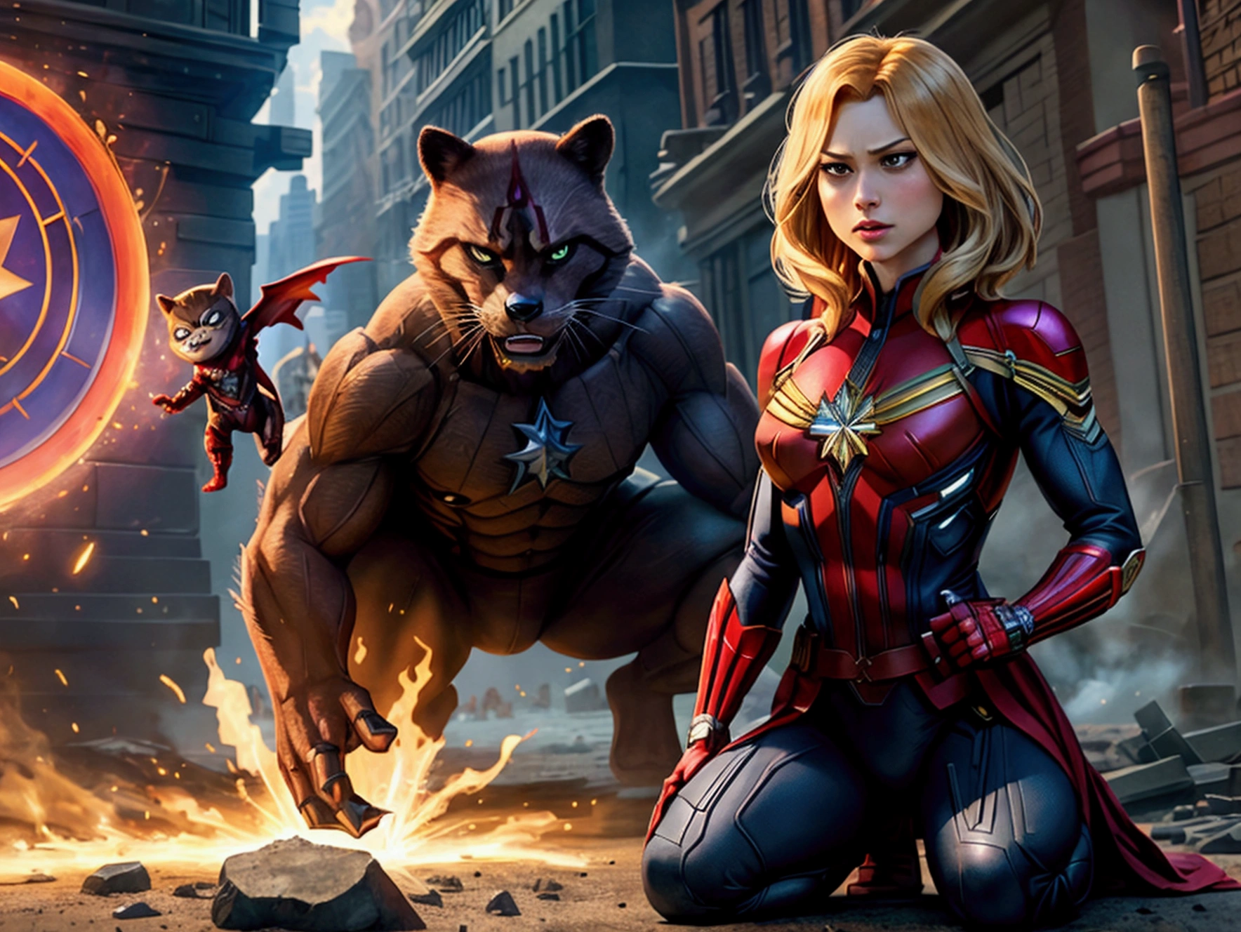 Very detailed,Superhero Waghting Stance,Captain America,Captain Marvel,Iron Man,Thor,Doctor Strange,Ant-Man,Groot,Rocket Raccoon,Spider-Man,Black Panther,Black Widow,Hawkeye,the hulk,Scarlet Witch,Attack each other,Intricate details,There are other superheroes in the distance,Collapsed streets,of war,realistic