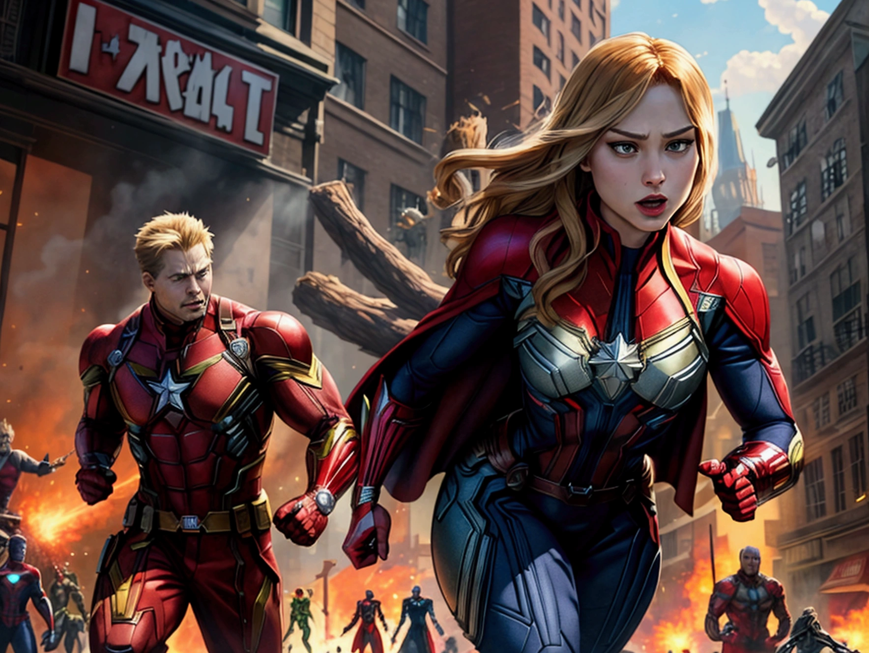 Very detailed，Superhero Waghting Stance，Captain America，Captain Marvel，Iron Man，Thor，Doctor Strange，Ant-Man，Groot，Rocket Raccoon，Spider-Man，Black Panther，Black Widow，Hawkeye，the hulk，Scarlet Witch，Attack each other，Intricate details，There are other superheroes in the distance，Collapsed streets，of war，realistic
