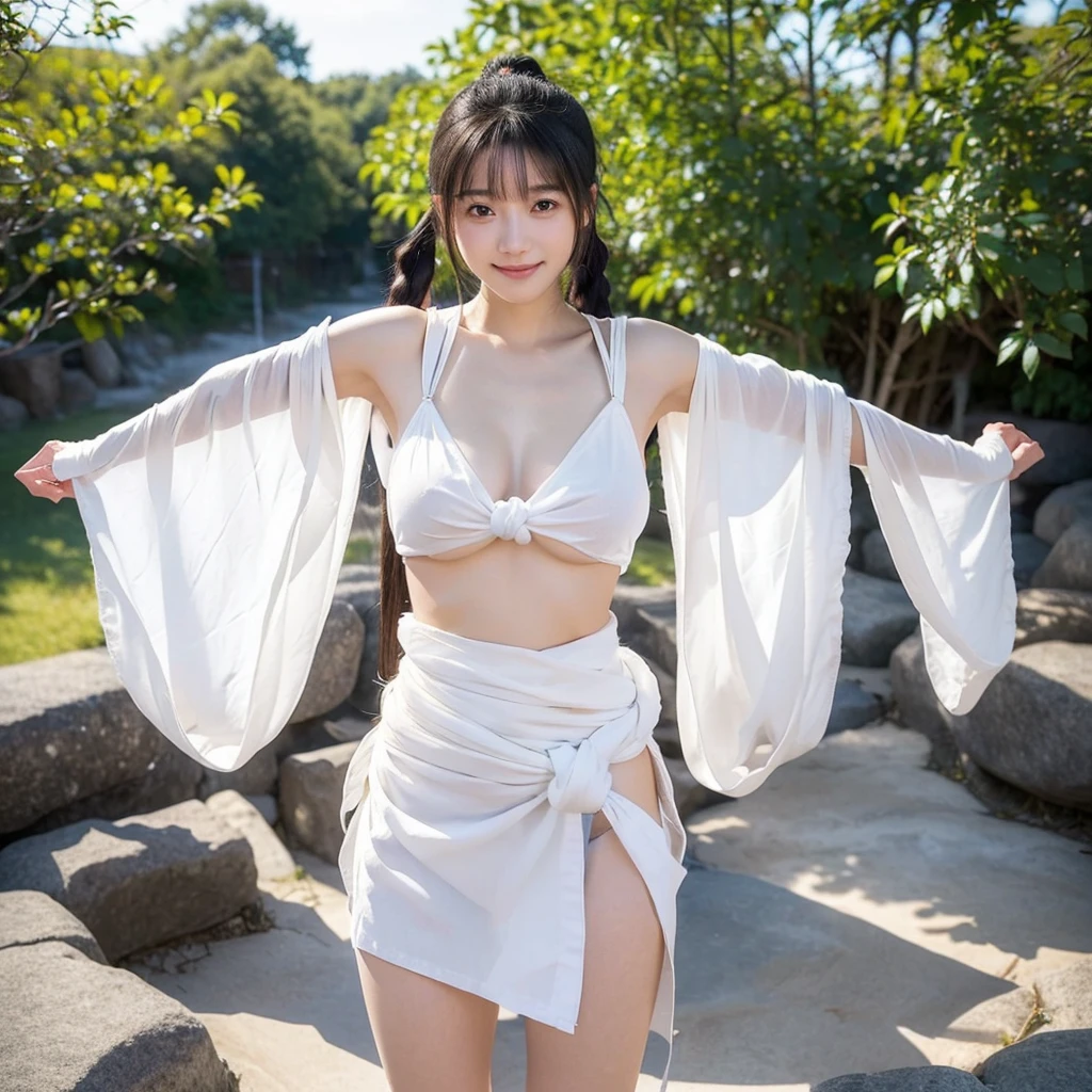 日本people、１people、The most beautiful woman、smile、Shyness、clear、Shiny black hair、((Standing with legs wide open))、Photo Style、length, bangs、Pigtails、light makeup、Standard face、(((Wearing a white Etchu loincloth)))、((Light clothing:0.5))、(She is hiding her breasts by wrapping a cloth around her chest.)、Summer festival、(((From behind, she shows off her cute buttocks and the knot of her loincloth))), 32K, Raw photo、Highest quality