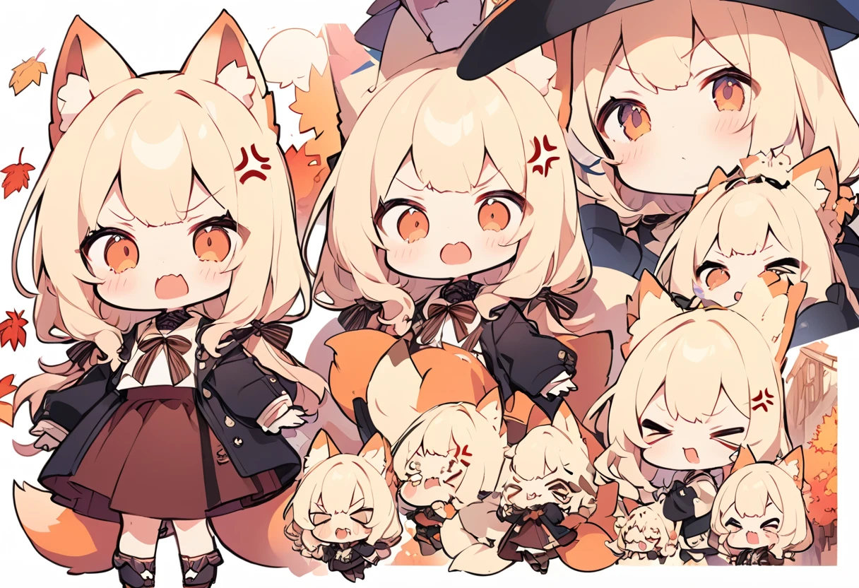 Anime, two heads, cute fox girl, autumn, multiple poses and expressions, different angles, character sheet, fashionable clothes, illustration, white background,　joy, anger, sadness