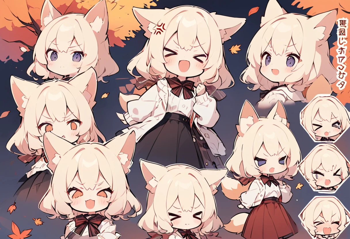 Anime, two heads, cute fox girl, autumn, multiple poses and expressions, different angles, character sheet, fashionable clothes, illustration, white background,　joy, anger, sadness