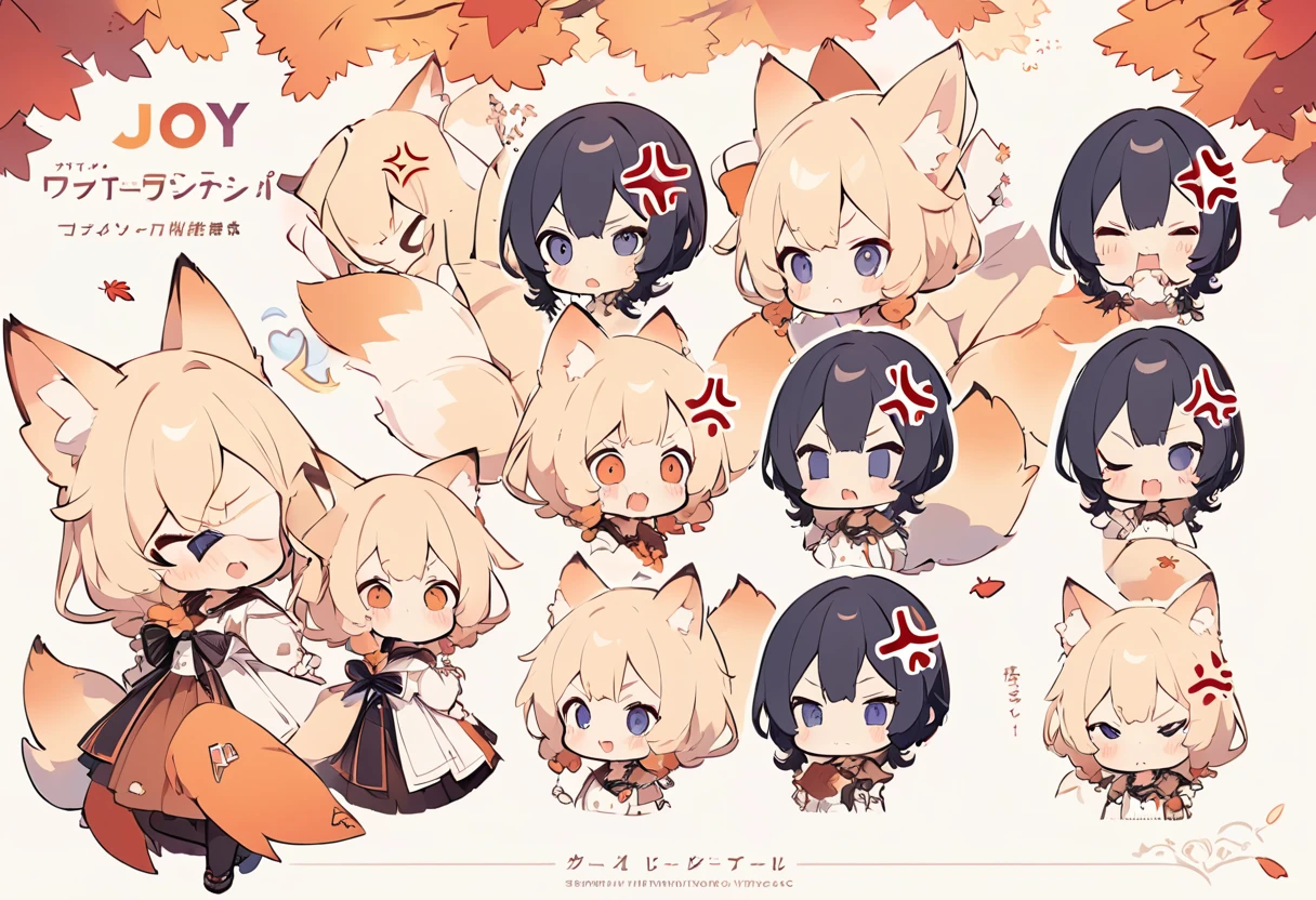 Anime, two heads, cute fox girl, autumn, multiple poses and expressions, different angles, character sheet, fashionable clothes, illustration, white background, joy, anger, sadness