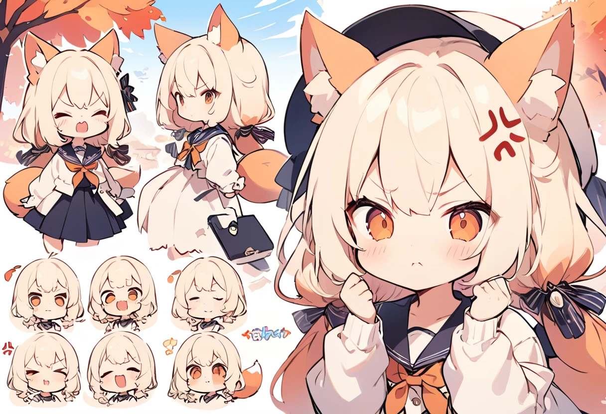 Anime, two heads, cute fox girl, autumn, multiple poses and expressions, different angles, character sheet, fashionable clothes, illustration, white background, joy, anger, sadness