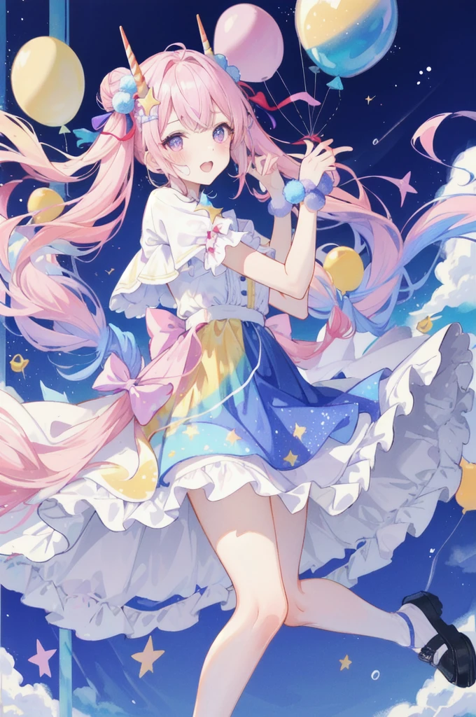 (whole body, legs and shoes visible: 1.2)) Expressive eyes, One girl, Pale skin, Long Hair, Windblown Hair, ((absurdly Long Hair)), Long Side Lock, Princess bangs, Hair bangs, Hair Bun, ((Very long twin tails)), Rainbow Hair, Light pink hair, blush, full face blush, big sparkling Pastel Purple eyes, (Gradient Eye), Laughing with your mouth open, cute pose, ((Holding a balloon : 1.3)) ((cute and pastel fashion)) ((🦄🎠🎈🎉 theme : 1.4)) A loose pastel dress, ((Dreamy multi-colored open dress)), (Floating ribbon), Lavender Frill, Pink frills, (Light blue lace), Removable short sleeves, Fluffy skirt, ((Rainbow and star printed skirt : 1.3)), Lolita Skirt, Purple ribbon, ((pom pom ribbon hair ornament : 1.4)), Multiple Bows, Striped lace stockings, (heart型のレッグガーター), cute (Pastel Purple) shoes ((Ultra-detailed clothing and fashion)) I&#39;m watching you, Vintage Girl, blush, (Beautiful attention to detail), (Highly detailed CG Unity 8k wallpaper) (Best Shadow), ((Very delicate and beautiful)), (Detailed light), ((Depth of written boundary)) Big Head, Big, bright eyes, Moe, Splash Art, Cinema Lighting, Front view, volumetric lighting maximalist photo illustration k resolution high resolution intricate detailed complex key visuals precise linear ((Dreamy pastel sky background, Surrounded by sunset clouds, shooting star, Castle above the clouds)) ((Ultra-detailed landscapes, Foggy clouds, Hung by balloons, heart : 1.3))